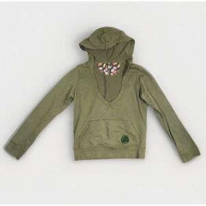 Lucky Brand Junior Women's Deep V Neck Olive Green Hoodie Says Size "XL"